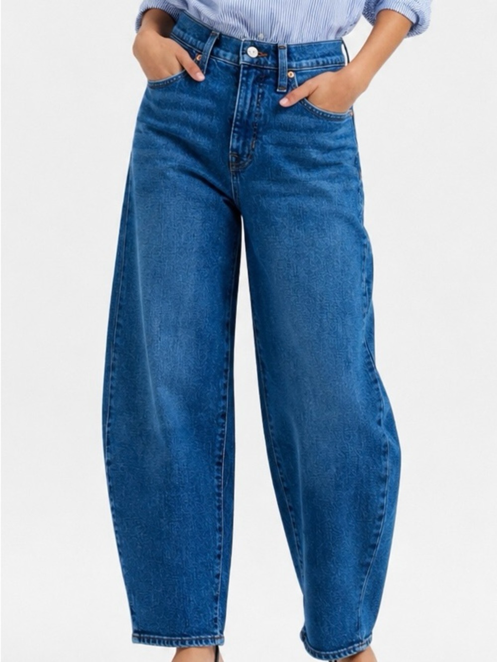Madewell Balloon Jeans High Rise Barrel Leg 6 Petite 6P Medium Indigo Wash